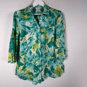 JM Collection Women's Floral Print 3/4 Sleeve Collared Casual Blouse Green 12